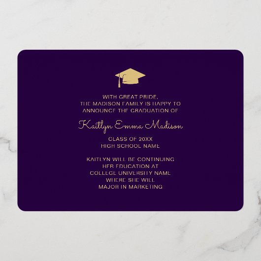 5 Foto Grad Collage Lila & Gold Foil Card Folieneinladung (Rückseite)