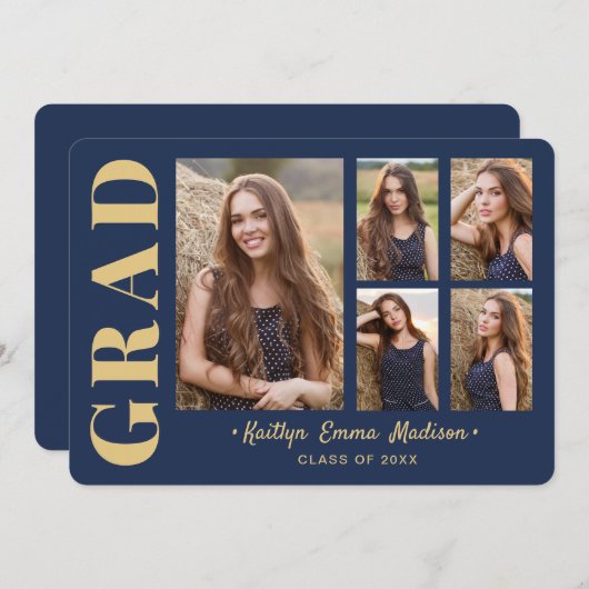 5 Foto Grad Collage Modernes Drehbuch Navy Blue Go Ankündigung (Vorne/Hinten)