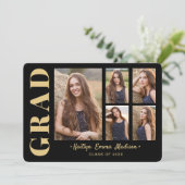 5 Foto Grad Collage Modernes Script Black und Gold Ankündigung (Stehend Vorderseite)