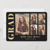 5 Foto Grad Collage Modernes Script Black und Gold Ankündigung (Vorderseite)