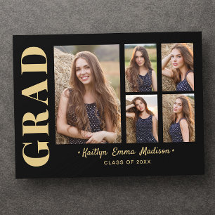 5 Foto Grad Collage Modernes Script Black und Gold Postkarte