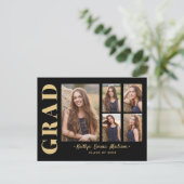 5 Foto Grad Collage Modernes Script Black und Gold Postkarte (Stehend Vorderseite)