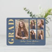 5 Foto Grad Collage Modernes Script Blau und Gold Ankündigung (Stehend Vorderseite)