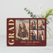 5 Foto Grad Collage Modernes Script Rot und Gold Ankündigung (Stehend Vorderseite)