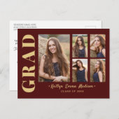 5 Foto Grad Collage Modernes Script Rot und Gold Postkarte (Vorne/Hinten)