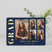5 Foto Grad Collage Navy Blue & Gold Foil Card Folieneinladung (Stehend vorne)