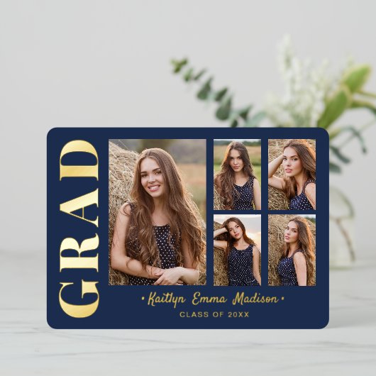 5 Foto Grad Collage Navy Blue & Gold Foil Card Folieneinladung (Stehend vorne)