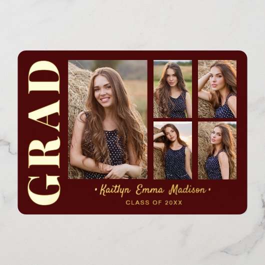 5 Foto Grad Collage Red & Gold Foil Card Folieneinladung (Vorderseite)