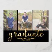 5 Foto Graduation Party Modernes Script Gold Folieneinladung (Vorderseite)