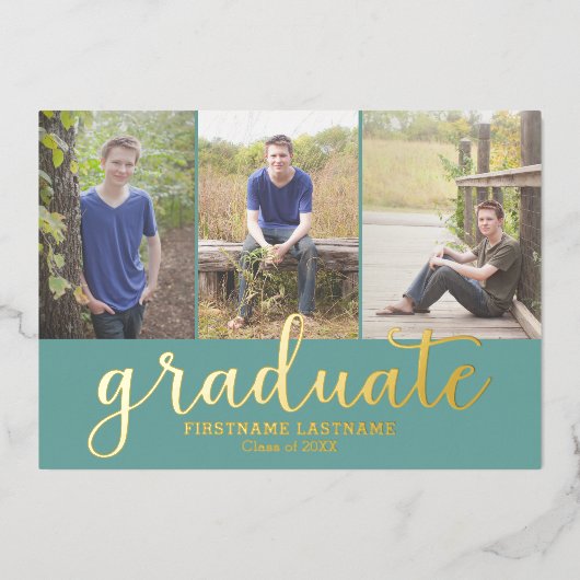 5 Foto Graduation Party Modernes Script Gold Real Folieneinladung (Vorderseite)