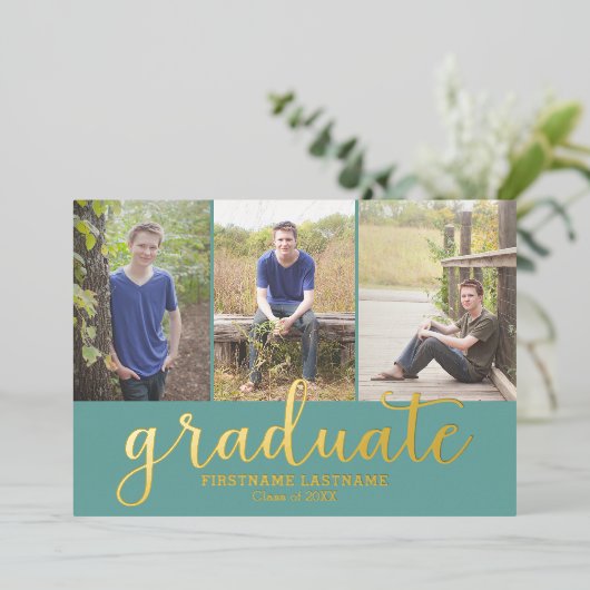 5 Foto Graduation Party Modernes Script Gold Real Folieneinladung (Stehend vorne)