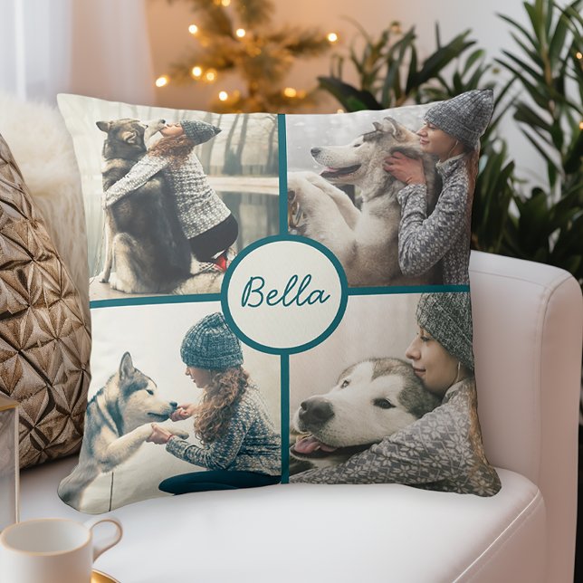 5 Foto Haustier Hund Personalisiert mit Name Kissen (This pillow has a photo collage on the front and a full photo on the back.)