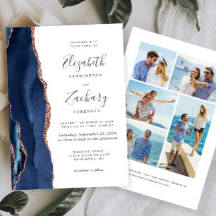 5-Foto Navy Blau Rosen Gold Achat Hochzeit Einladung