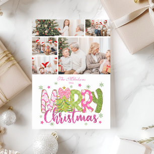 5 Foto Pink Grüner Schleifen Baum Frohe Weihnachte Feiertagskarte