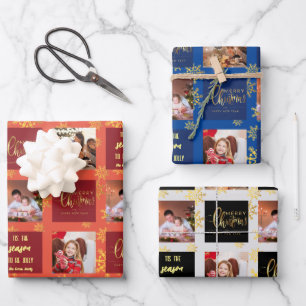 5 Foto Red Blue Black Frohe Weihnachten. Geschenkpapier Set