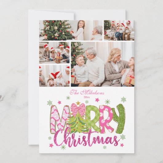 5 Foto Rosa grüner Bow Tree Frohe Weihnachten (Vorderseite)