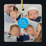 5 Foto von Family A Little World Created By Love B Keramikornament<br><div class="desc">A lovely keepsake and gift with its klebof 4 square fotos on the front, and the inspiring quote Our Family A Little World Created By Love in the center within a blue circle. Wir sind auf dem Rückweg, auf dem Single Square Crop-Foto-Square, The Whole Space with your names at the...</div>