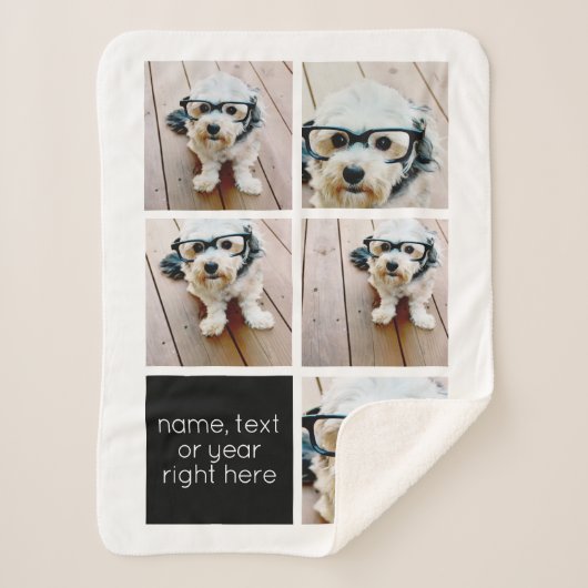 5 FotoCollage und Textfarbblock - Schwarz-weiß Sherpadecke (Vorderseite)