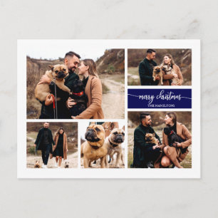 5 Fotos Collage Chic Script Frohe Weihnachten Blau Postkarte