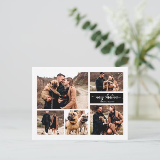 5 Fotos Collage Chic Script Frohe Weihnachten Schw Postkarte (Stehend Vorderseite)