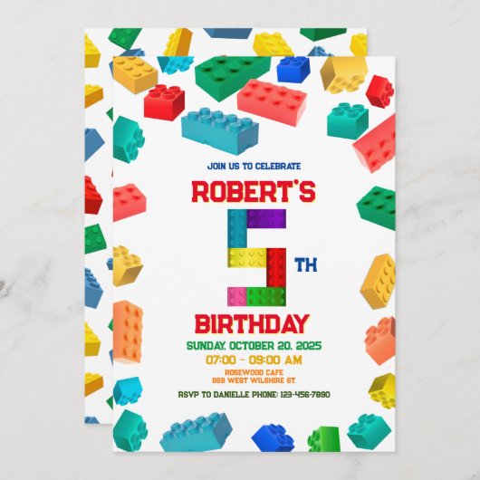 5. Gebäude Blocks Geburtstag Einladung (Vorne/Hinten)