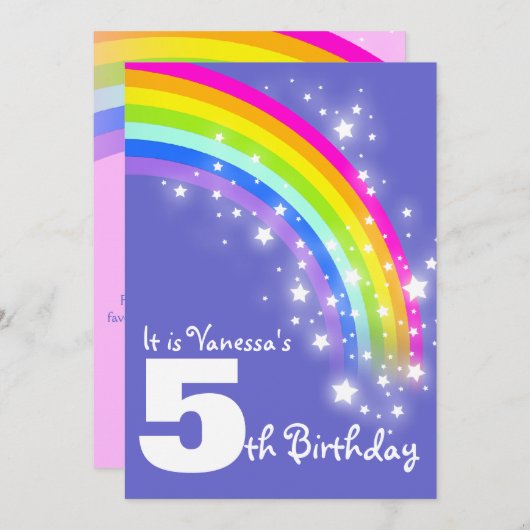 5. Geburtstag des Kinderlila rosa Regenbogens Einladung (Vorne/Hinten)