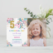 5. Geburtstag Einhorn Geburtstag Einladung Foto (Stehend Vorderseite)