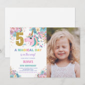 5. Geburtstag Einhorn Geburtstag Einladung Foto (Vorne/Hinten)