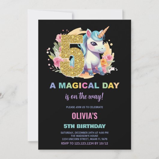 5. Geburtstag Einhorn Geburtstag Einladungen (Vorderseite)