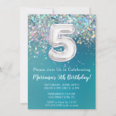5. Geburtstag Einladung Aquamarin Silber Glitzer (Vorderseite)