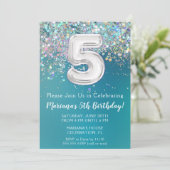 5. Geburtstag Einladung Aquamarin Silber Glitzer (Stehend Vorderseite)