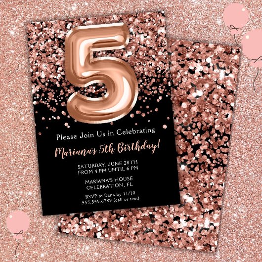 5. Geburtstag Einladung Black Rose Gold Glitzer