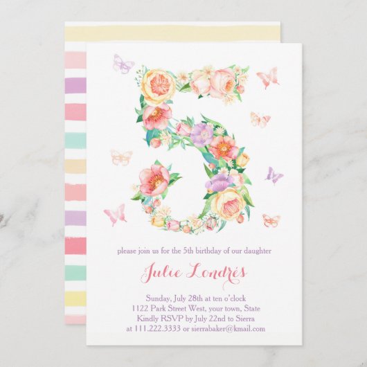 5. Geburtstag Einladungen für Mädchen mit Schmette (Vorne/Hinten)