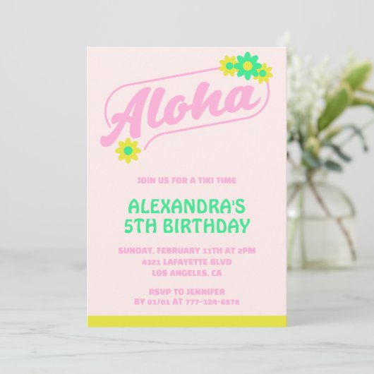 5. Geburtstag Einladungen Tropical Aloha Pink (Stehend Vorderseite)