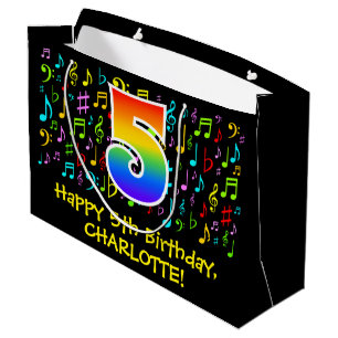 5. Geburtstag - Farbige Musiksymbole, Regenbogen 5 Große Geschenktüte