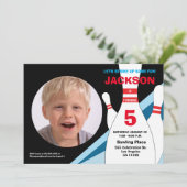 5. Geburtstag Foto Bowling Party rot Einladung (Stehend Vorderseite)