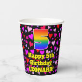 5. Geburtstag: Liebes Herzmuster, Regenbogen 5 Pappbecher (Rückseite)