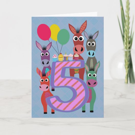 5. Geburtstag mit fünf Eseln und Cupcakes Karte (Vorderseite)