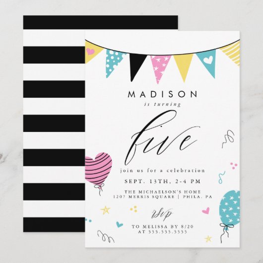 5. GEBURTSTAG | Niedlich Doodle Birthday Party Einladung (Vorne/Hinten)