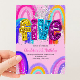 5. Geburtstag Pailletten Regenbogen Party Einladun Einladung