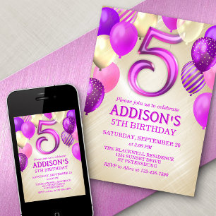 5. Geburtstag Pink Balloons Einladung