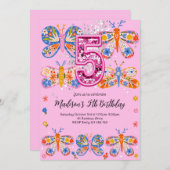 5. Geburtstag Pink Butterfly Einladung (Vorne/Hinten)