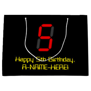 5. Geburtstag: Red Digital Clock Style "5" + Name Große Geschenktüte