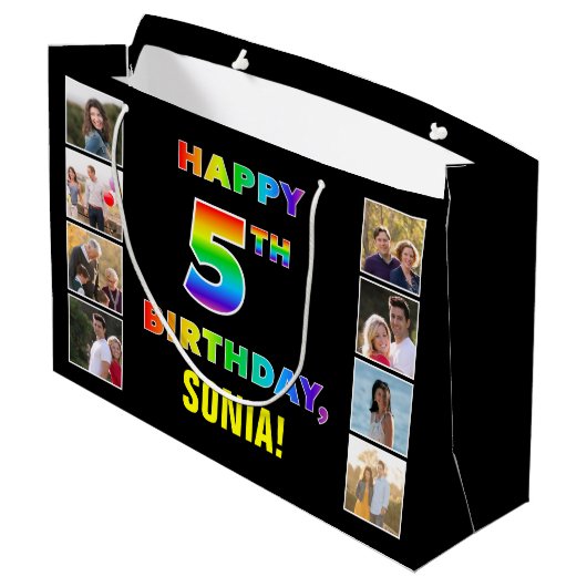 5. Geburtstag: Regenbogentext, benutzerdefinierte Große Geschenktüte (Rückseite Schrägansicht)