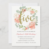5. Geburtstag Rosa Gold Blumenkraut Einladung (Vorderseite)