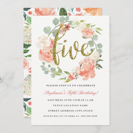5. Geburtstag Rosa Gold Blumenkraut Einladung (Vorne/Hinten)
