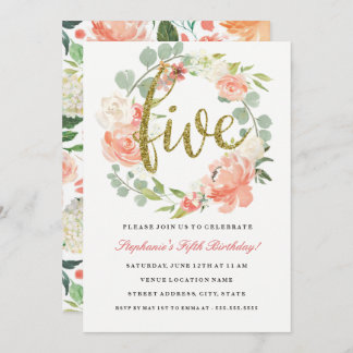 5. Geburtstag Rosa Gold Blumenkraut Einladung