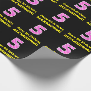5. Geburtstag: Rosa Streifen und Herzen "5" + Name Geschenkpapier