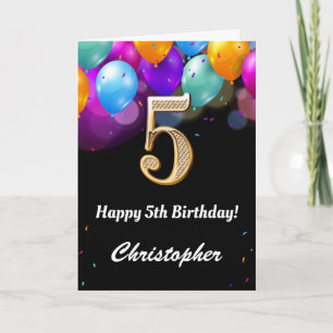 5. Geburtstag Schwarz und Gold Farbige Luftballons Karte