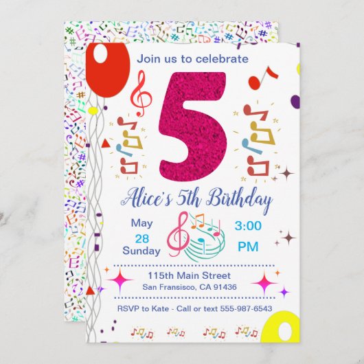 5. Geburtstagsfeier Einladung - Musikthema (Vorne/Hinten)